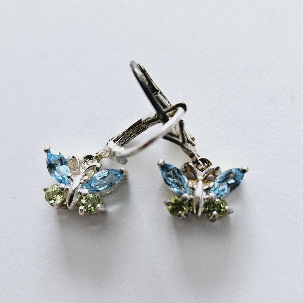 Vintage Aquamarine and Peridot Silver Butterfly Earrings